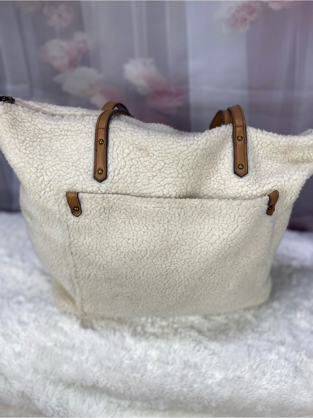 Cream Sherpa Tote Bag with Tan Trim